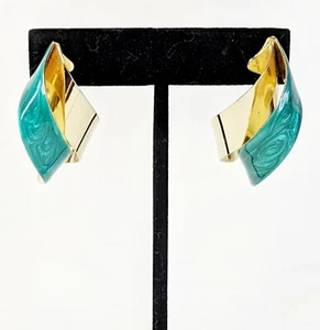 Vintage Green Enamel Goldtone Double Ribbon Post Pierced Earrings Modified Hoop - Bild 1 von 5