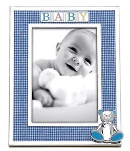 Reed & Barton B-A-B-Y Boy Blue/Silverplate Photo Frame 4x6" with 3-D Bear New - Picture 1 of 2