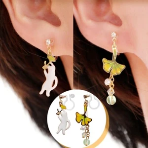 Dangle White Cat Yellow Ginkgo Leaf Gold Invisible Clip On Earrings Gold Tone - Picture 1 of 11