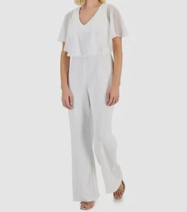 Connected Women's White Short-Sleeve Overlay Wide-Leg Jumpsuit Petite Size 10P - Picture 1 of 3
