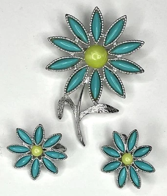 SARAH COVENTRY VINTAGE TURQUESA MARGARITA BROCHE/PIN Y PENDIENTES CLIP Foto 1 de 4