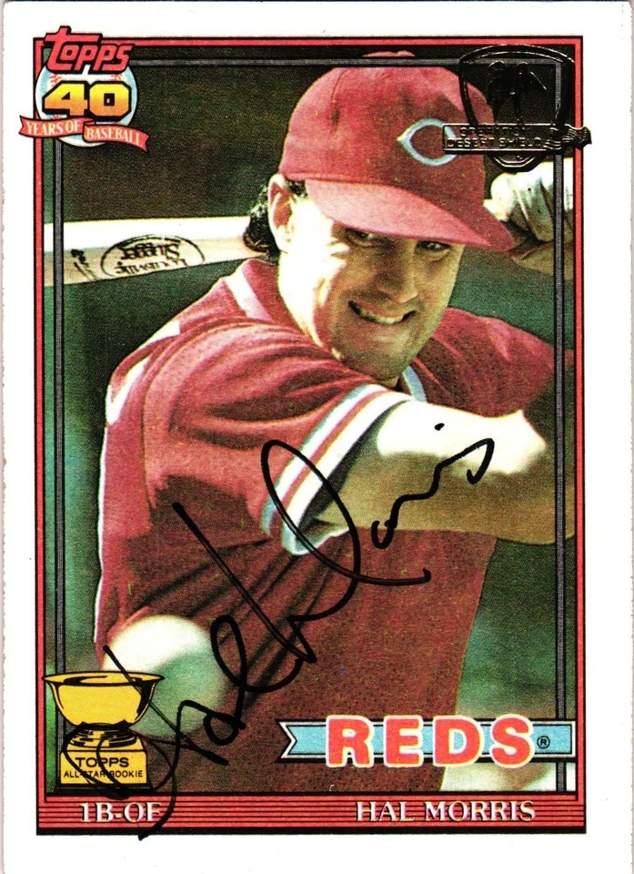 Tarjeta de béisbol firmada por Hal Morris #642 1991 Topps MLB Rojos AUTO Desert Storm Foto 1 de 2