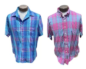 Coppia Vintage Ago Singolo Plaid Bottoni Manica Corta XL Rosa Blu Collo Western - Foto 1 di 12