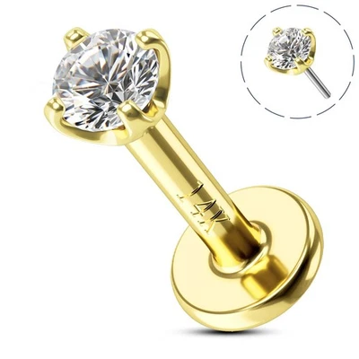 Perno de cartílago de circonita cúbica de oro amarillo macizo de 14K 16G lóbulo hélice tragus piercing joyería Foto 1 de 4