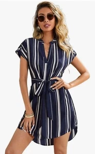 Women’s Medium SHEIN Navy Tshirt Dress White Cream Stripes Summer Work - Picture 1 of 9
