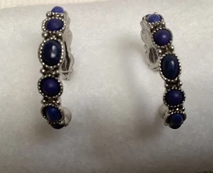 Ralph Lauren Chaps Hoop Pierced Earrings Silver Tone Blue Stones - Picture 1 of 6