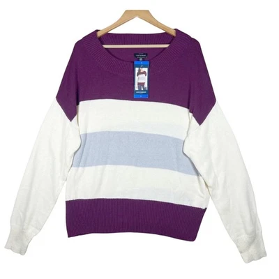 NWT Lucky Brand Womens Striped Boat Neck Long Sleeve Pullover Sweater Burgundy L - Image 1 of 4