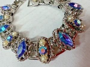 Vintage Armband blau AB Kristall Buchkette silberfarben 6 cm Nachlass - Bild 1 von 7