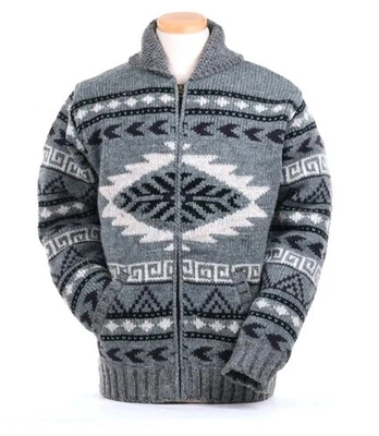 Lost Horizons ручной вязки непальский шерсти Aztec Geo серый/белый свитер куртка XL  - Изображение 1 из 4