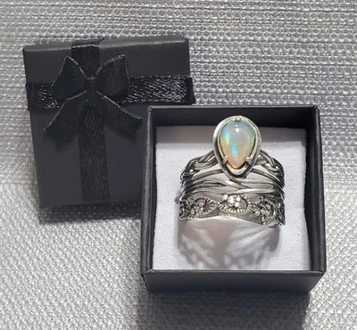 O Paz Plata de Ley en Forma de Pera 1.00 Cttw. Anillo de piedras preciosas, ópalo, talla 11, NUEVO Foto 1 de 4
