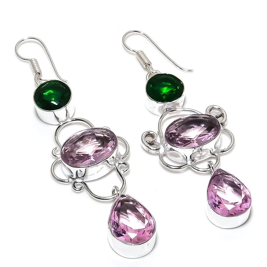 Pendiente de joyería de plata de ley 925 hecho a mano con piedras preciosas de kuncita rosa tamaño 2,4"" Foto 1 de 1