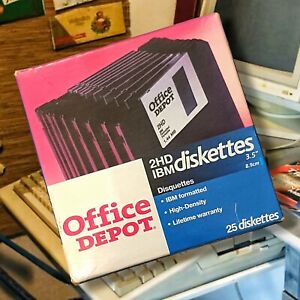 Office Depot 2HD IBM Diskettes 3.5” 25 Pack Floppy Disks With Labels NIB