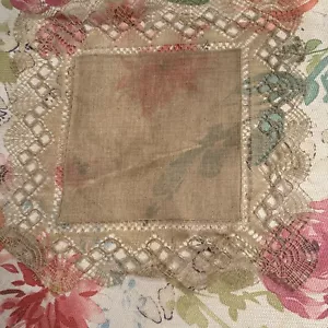 Antique Handmade Linen + BOBBIN LACE 12” Square Doily Tan Brown - Picture 1 of 11