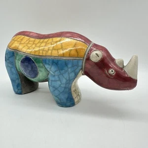South Africa Colorful Rhinoceros Studio Pottery Figurine Signed Raku - Picture 1 of 22