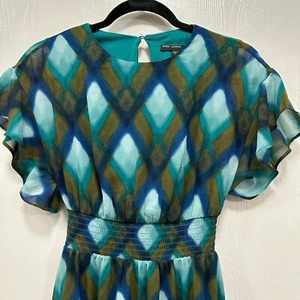 Maggy London Women Midi Dress Diamond Plaid Chiffon Smocked Green Siren Size 0 - Picture 1 of 15