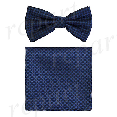 New Men's micro fiber Pre-tied Bow tie & hankie navy blue black dots formal prom - Image 1 of 4