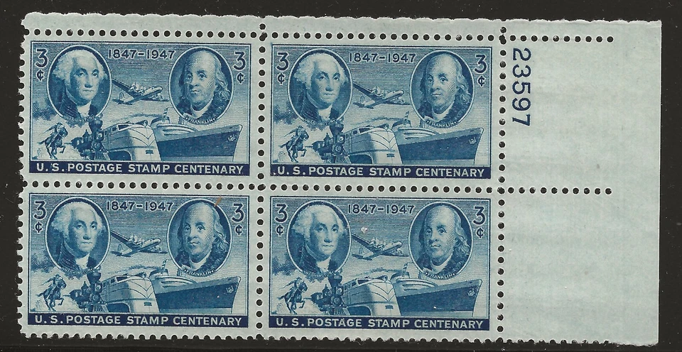 US Scott #947, Plate Block #23597 1947 Stamp Centenary 3c FVF MNH Upper Right - Image 1 of 1