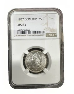 1937 DOMINICAN REPUBLIC 25 CENT. FIRST ISSUE YEAR. VERY SCARCE MS-63. - Picture 1 of 3