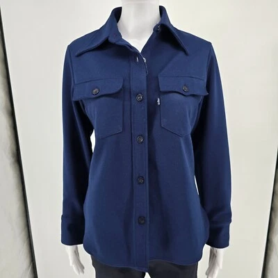 Camisa faroeste/discoteca vintage década de 1970 Levi's for Gals malha azul marinho poliéster (M) - Imagem 1 de 4