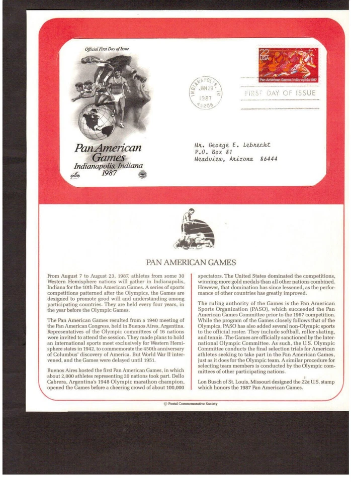 Postal Society First Day Cover FDC stamp # 2247 22 cent Pan American Games 1987 - Image 1 of 1