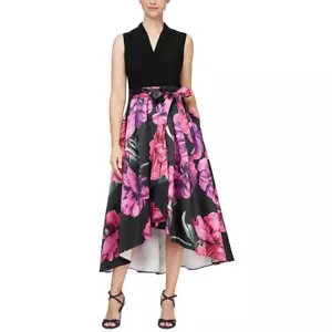 SLNY Womens Black Floral Print Hi-Low Prom Evening Dress Gown 16 BHFO 3691 - Picture 1 of 2