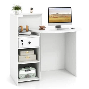 Front Reception Counter Desk Checkout Office Desk w/Open Shelf & Lockable Drawer - Picture 1 of 10