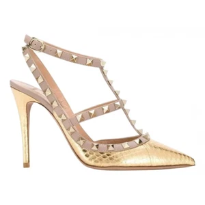 Valentino Rockstud Gold Poudre Nude T Ankle Strap Pointed Sandal Heel Pump 37 - Picture 1 of 12