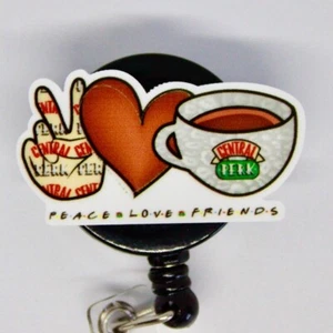 Friends Peace Love Central Perk Badge Reel ID Holder Coffee Cup - Picture 1 of 2