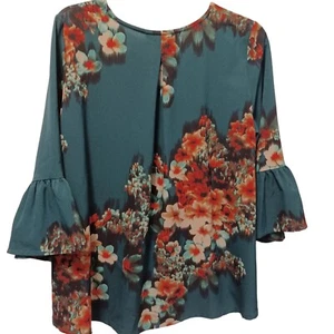 Bryn Walker Top Womens Small Teal Floral Hi Lo Cut 3/4 Flared Sleeve USA - Picture 1 of 11