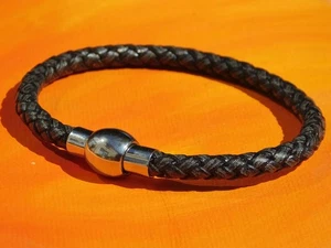 Pulsera de cuero y acero inoxidable gris oscuro vintage de 5 mm para dama de Lyme Bay Art. - Imagen 1 de 3