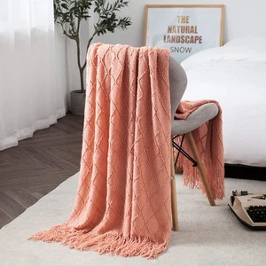Coral Orange Throw Blanket with Fringe Tassels Knitted Throw Blanket Textured... - Picture 1 of 6