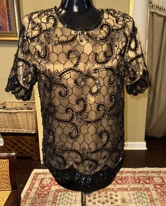 Vintage Y2K Night Vogue size S BLACK GOLD BEADED SEQUINS FORMAL BLOUSE TOP - Picture 1 of 8