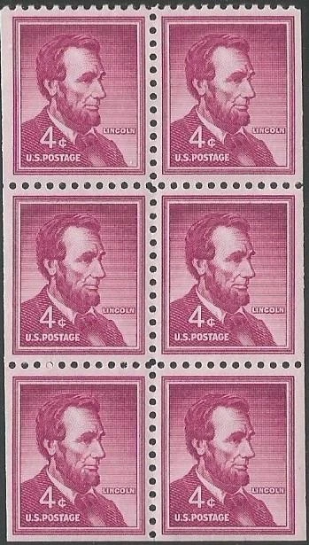 Booklet Pane of 6 stamps - Scott 1036b - 4 cent - Lincoln - 1958 - MLH - Image 1 of 1