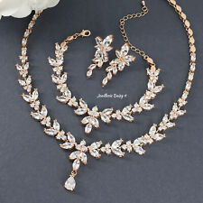 3pcs CZ Statement Rose Gold  Wedding Necklace Jewelry Set for Bride Bridal Gift