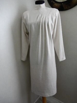 VTG 80s Herman Marcus Dallas Oatmeal Color Double Knit LS Dress W/Pleats Sz 6 - Image 1 of 4