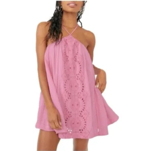 Free People Paloma Minikleid Pink Speak Größe L Ösen Taschen Crinkle NEU 248 $ - Bild 1 von 16