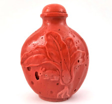 Antique Chinese Red Coral Snuff Bottle with Rabbit & Foliage Motif