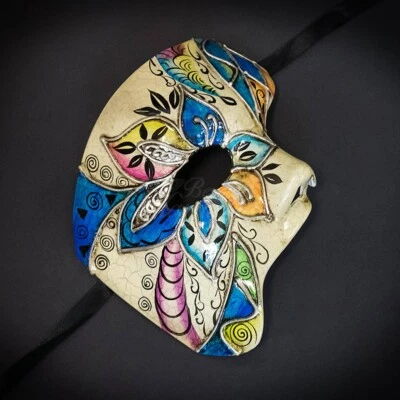 Mens Floral Watercolor Phantom of the Opera Half Venetian Masquerade Mask [Blue] - Image 1 of 4