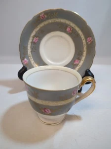 Footed Demitasse Cup and Saucer Occupied Japan Grey W Pink Flowers Gold Trim - Picture 1 of 9