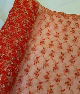 Red Bridal 44 Wide lace Pearl Beaded Double Scalloped Fabric Meter Defect - Picture 1 of 8