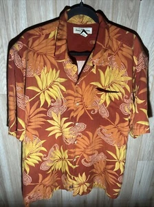 TOMMY BAHAMA 100% SILK ORANGE RED TROPICAL LEAF SHORT SLEEVE SHIRT XL - Picture 1 of 7