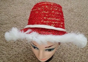 Red White Natural Size 6 1/2 Straw Hat Cap with Brim Fringe - Picture 1 of 1