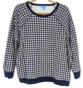 DRAPER JAMES Top SZ 1X Navy White Gingham Sweatshirt Boxy Preppy Cotton - Picture 1 of 12