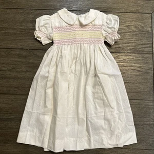 Girls Dress Smock Pink&YellowShort Puff Sleeves Peter Pan Collar White Poka Dot - Picture 1 of 11