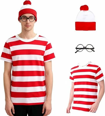 Para hombres Where's Wally Waldo Disfraz Vestido Elegante Fiesta Halloween Sombrero Camisa Gafas Foto 1 de 4