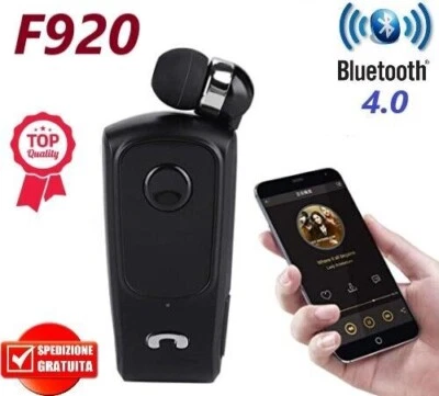 AURICOLARE CUFFIE BLUETOOTH WIRELESS RETRATTILE CLIP VIBRAZIONE iOS ANDROID F920