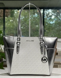 MICHAEL KORS CHARLOTTE LARGE MED TOTE SHOULDER BAG PURSE MK METALLIC SILVER LOGO - Picture 1 of 10