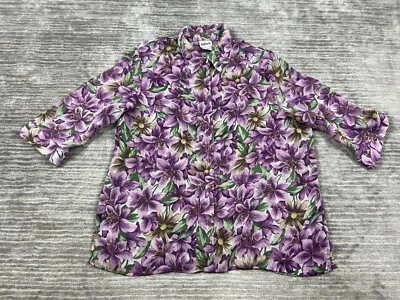 Bonworth Top Womens XL Purple Floral 3/4 Sleeve Button Up Sheer Polyester - Image 1 of 4
