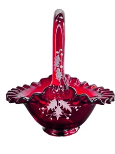 Fenton Art Glass Hand Painted Cranberry Red Christmas Holly Textured Basket Vase - Picture 1 of 8
