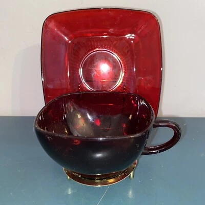 Charm Ruby Red Glass Square Cup and Saucer Set by Anchor Hocking 1950-56 EUC - Image 1 of 4